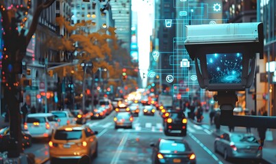 Surveillance street camera in city and icons. 