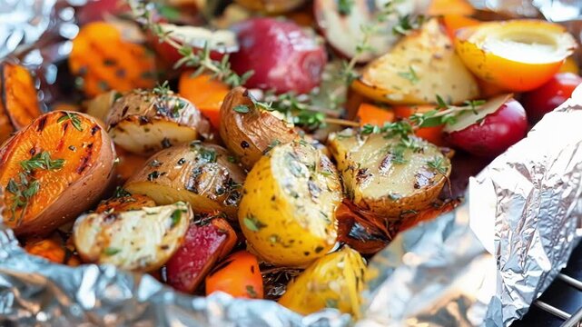Close up of vibrant grilled vegetables sizzling in foil with thyme and spices, including carrots, potatoes, sweet potatoes, turnips, and parsnips