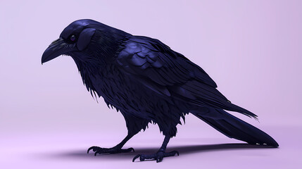 Fototapeta premium A Black Raven with Shiny Eyes Posing Against a Lilac Background