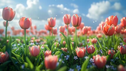 A vibrant field of tulips under a bright sky, showcasing nature's beauty and tranquility.