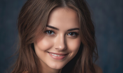 Naklejka premium A young woman with long brown hair smiles at the camera