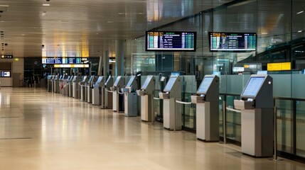 Automated check-in kiosks arranged in a neat line at an airport, high-tech design with sleek touchscreens, bright and spacious terminal, clear signage and digital displays