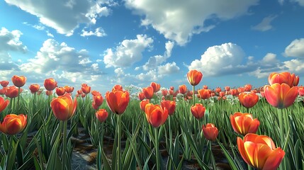 A vibrant field of blooming orange tulips under a bright blue sky with fluffy clouds.