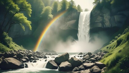 A waterfall cascading over rocks, with sunlight breaking through the mist, creating a luminous display of water and light.