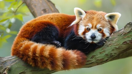 Fototapeta premium Red pandas are adorable tree-dwelling mammals, with bushy tails and masked faces in Asian forests.