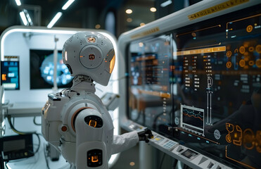  Robots humanoides con IA, controlando procesos de produccion en una fabrica. Reemplazo de la mano de obra, introduccion de la IA en la indusria, transformacion del mundo laboral