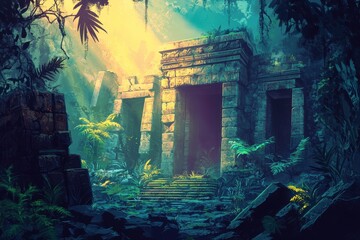 Ancient Stone Temple Entrance Overgrown by Lush Jungle Foliage