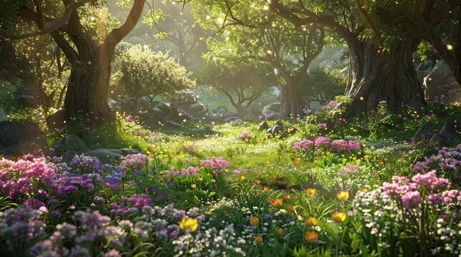 A vibrant flower field blooming in the heart of a forest, with colorful blossoms creating a beautiful contrast against the dense gre Seamless looping 4k time-lapse virtual video animation Generated AI