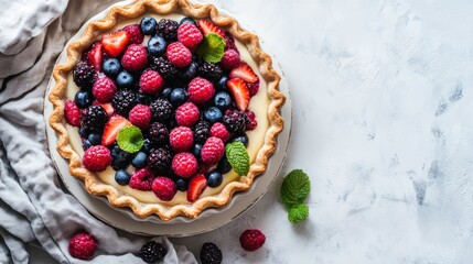 A homemade berry pie with a flaky crust and a creamy filling, garnished with fresh mint leaves, on a white surface.
