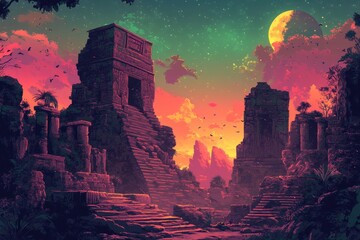 Ancient Stone Structures and Steps Under a Starry Night Sky