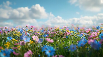 Fototapeta premium A vibrant field of colorful flowers under a bright blue sky with fluffy clouds.