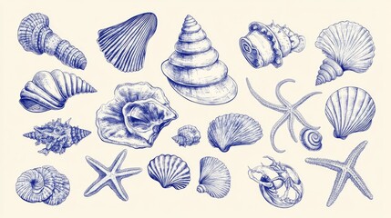 Blue Ink Illustration of Seashells, Starfish, and a Crab.