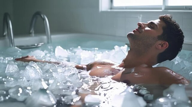 Male athlete is taking an ice bath after a workout, enjoying the benefits of cold therapy to reduce inflammation and speed up muscle recovery