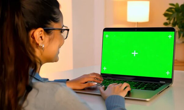 Chroma Green Screen Over-the-Shoulder of Woman Reviewing Product on Laptop