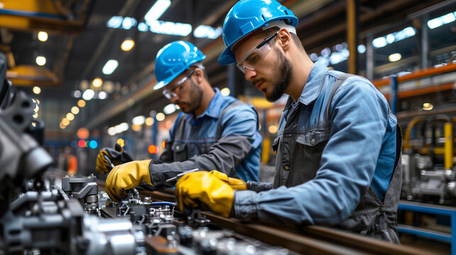 Two workers in work clothes and personal protective equipment, performing tasks in an industrial setting. Use of protective measures at work, safety and health, risk prevention.