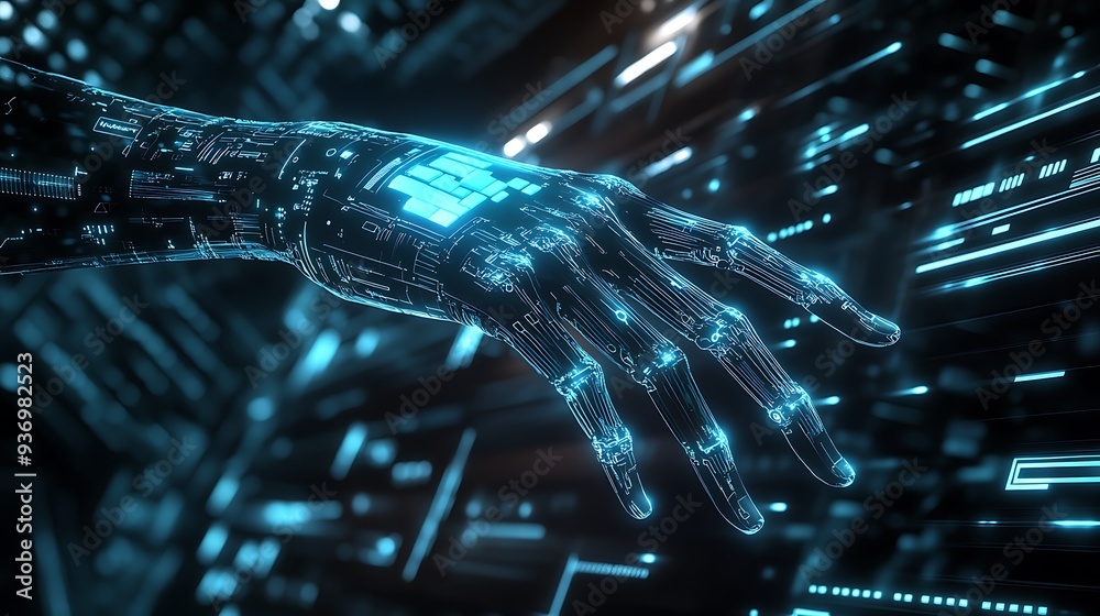 Poster a robotic hand reaching out in a futuristic digital environment