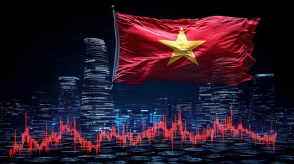 Obraz premium Double exposure of coins and Vietnamese flag with skyline