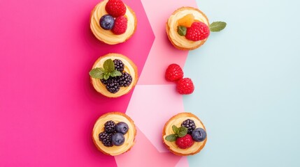 Six small pastries with cream cheese frosting and fresh berries on a colorful background.