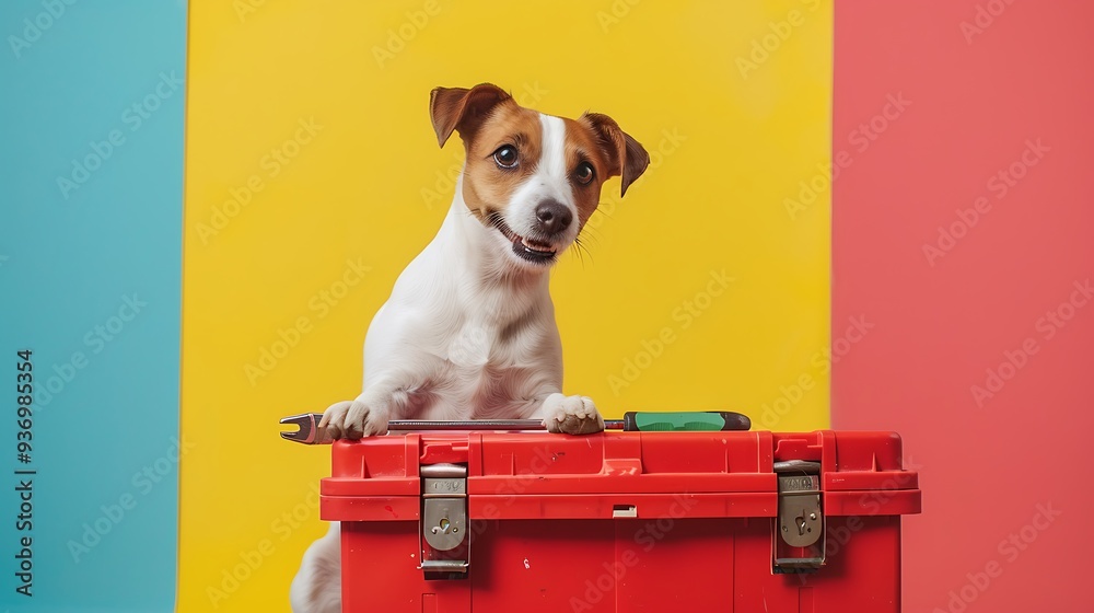 Wall mural dog fetch toolbox at construction site isolated on colorful background