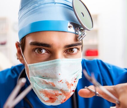 Mad doctor working in the clinic