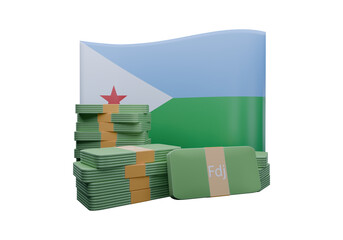 3D render illustration of Djibouti flag and currency called Franc