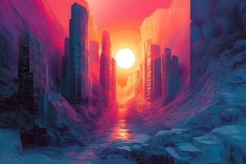 Obraz premium A Cityscape Emerging From a Crimson and Blue Canyon