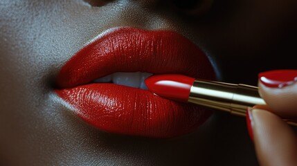 Close-up of a woman applying red lipstick.