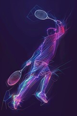 This vector illustration showcases a badminton player in action, rendered in a continuous single line that flows seamlessly, accented by a neon glow that highlights their every move.