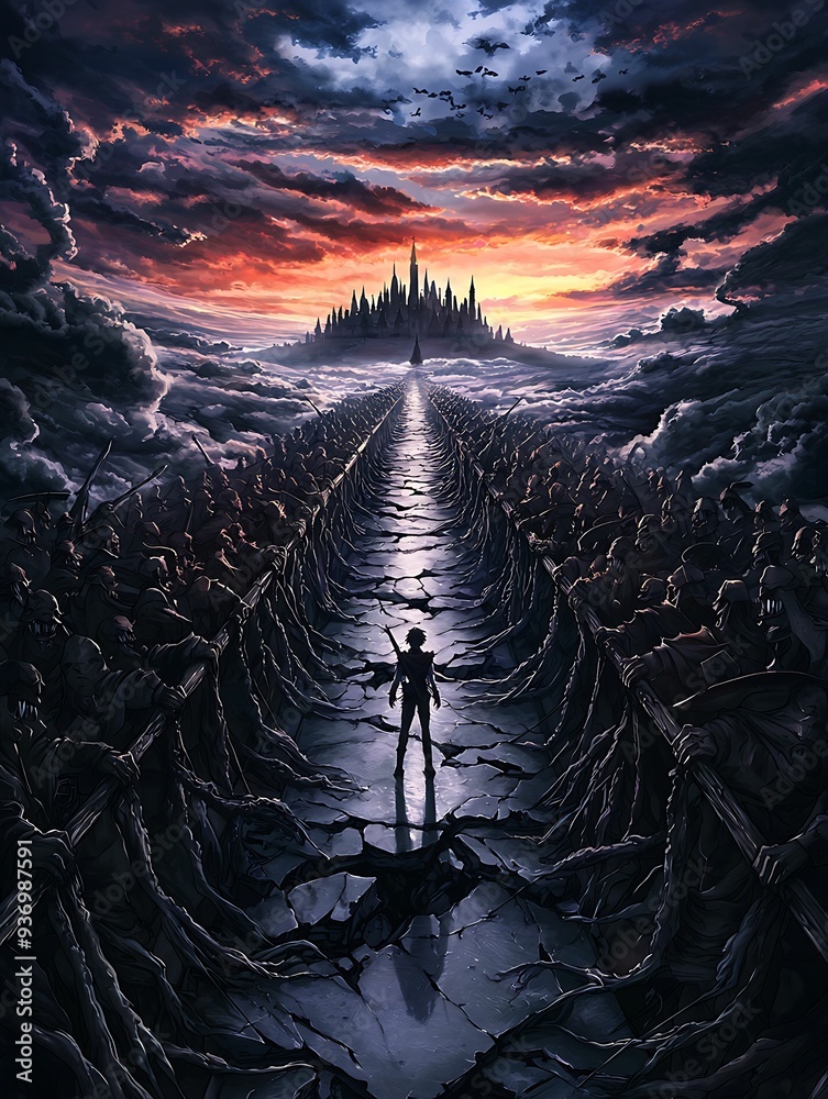 Canvas Prints anime hero making their last stand on a crumbling bridge, facing a horde of enemies with a distant c