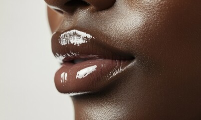 Close-up of a woman's glossy lips with a hint of brown lipstick.