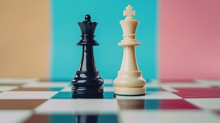 Double color king on chess board isolated on colorful background