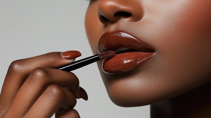 Close-up of a woman's hand applying brown lip gloss to her lips.