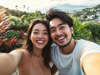 Fototapeta premium Happy Asian married couple taking a selfie outdoors