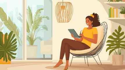 Fototapeta premium A traveler enjoys a moment of relaxation while unpacking in a bright and inviting rental space surrounded by greenery
