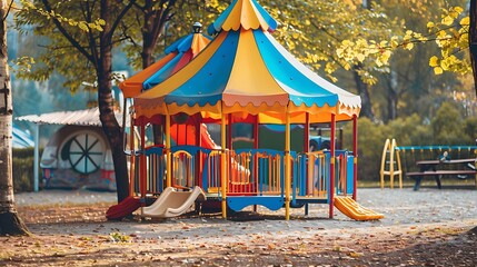 Obraz premium Empty children playground with colorful tent at sunny day