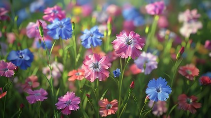 Obraz premium A vibrant field of colorful flowers in various shades, creating a serene and natural atmosphere.