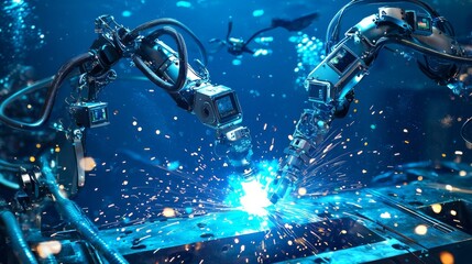 Advanced high-technology underwater welding tools in action, featuring a state-of-the-art robotic arm equipped with a precision welding torch