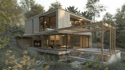 Obraz premium The construction of a passive house, designed with energy efficiency and sustainability in mind, ensuring minimal energy consumption.