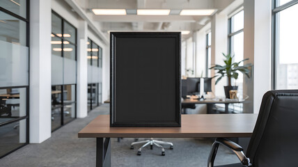 A photo of a mockup of a black blank frame in an office interior. The frame is placed on a wooden desk. The office has a minimalist design with white walls, a gray carpet, and a few furniture pieces