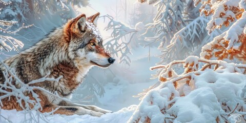 Obraz premium Wolf observing a snowy winter landscape