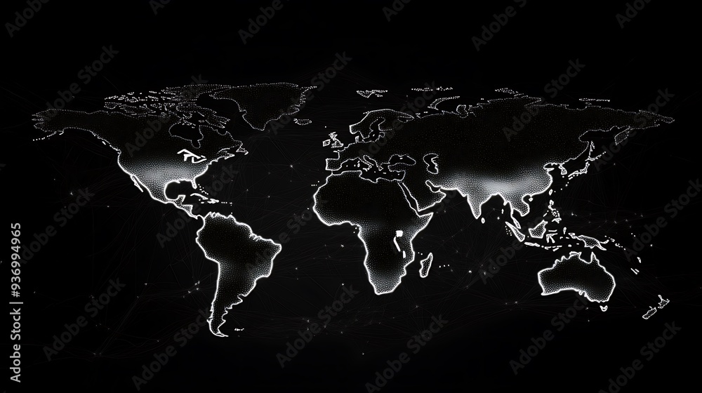 Aufkleber a world map composed of tiny white dots connected by thin lines on a black background