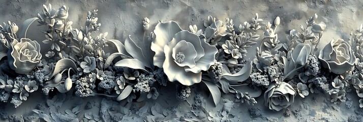 A decorative relief featuring intricately designed flowers and foliage in a monochromatic style.