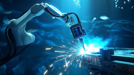 Advanced high-technology underwater welding tools in action, featuring a state-of-the-art robotic arm equipped with a precision welding torch
