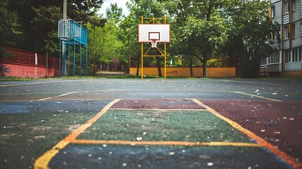 Empty school asphalt playground in the backyard with three color baskets for basketball