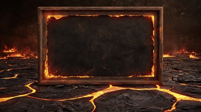 Burning Message: A weathered wooden frame encircles a blank chalkboard, set against a fiery backdrop of molten lava, creating a dramatic and evocative visual.  