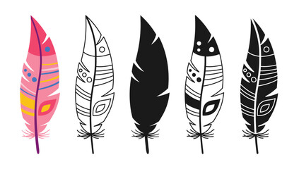 Feather linear icon, cartoon symbol set. Hand drawn outline stylized bird feathers with ethnic boho ornamental pattern. Simple sign birds feathers silhouette shape or doodle art. Isolated vector