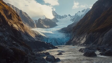 Glacier Valley Landscape with River in New Zealand