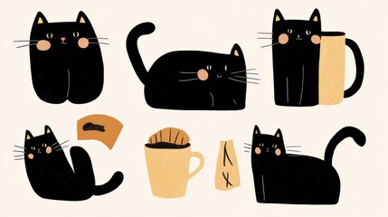 A set of cute cat stickers themed for a cozy café featuring black cats enjoying coffee cups lounging on croissants and playing with teabags The cats are illustrated in a minimalist vector style with s