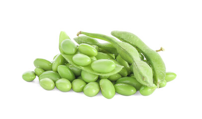 Raw green edamame soybeans and pods isolated on white