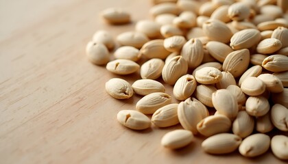 Scattered White Seeds on Light Wooden Surface - Natural Ingredients
